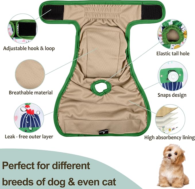 Washable Female Dog Diapers - Premium Reusable Diapers for Doggie in Heat - Highly Absorbent Dog Diapers Female for Pet Incontinence with Adjustable Snaps (Cactus，S)