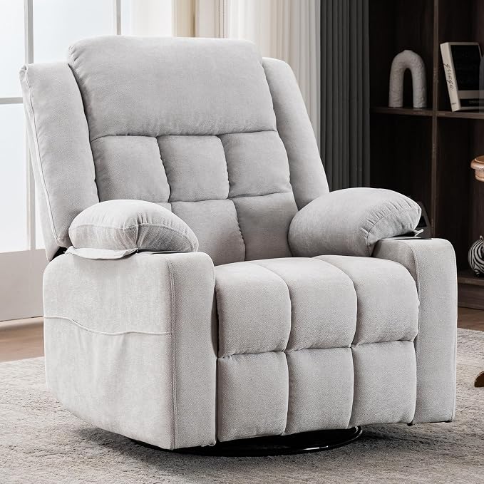 Ketaiyou Power Swivel Rocker Recliner Chair for Adults with Massage and Heat, USB and Type-C Ports, Infinite Position, Electric Glider Reclining Single Sofa Chair for Living Room (Light Grey)