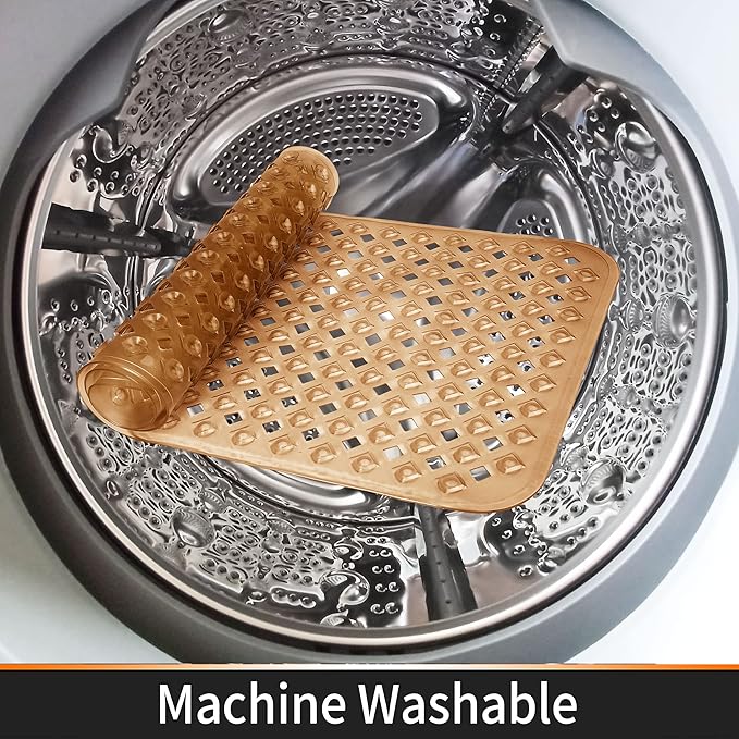 Yimobra Bathtub Mat Non Slip, Super Strong Suction Cups, 27.5"x15.5" Long Shower Mat with Drain Holes, Machine Washable Fast Draining Bath Mats, Bathroom Essentials,Clear Brown