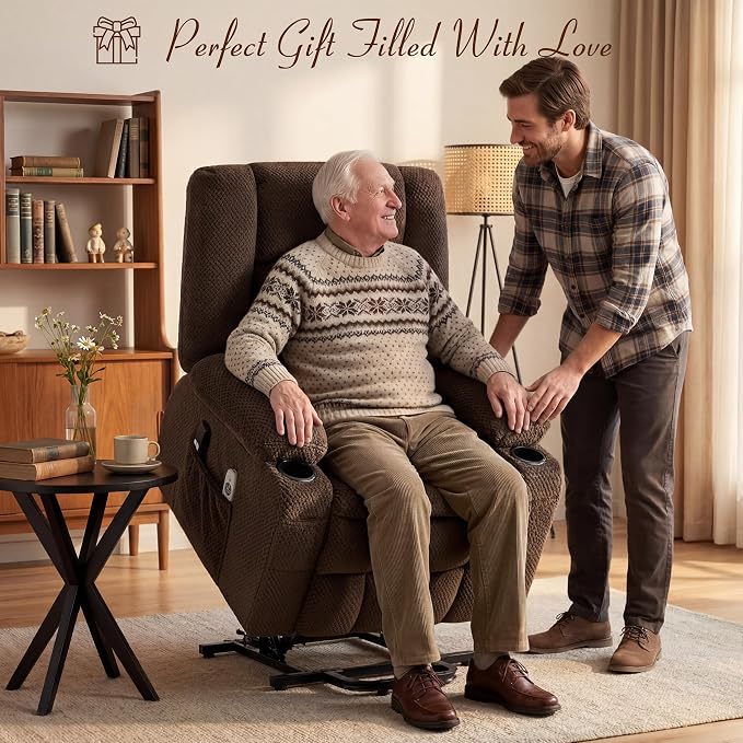 Power Lift Recliner Chair for Elderly, Electric Reclining Lift Chair with Massage and Heating, Comfy Overstuffed Recliner Single Sofa with Cup Holders, Pockets, USB Charge Port for Living Room, Brown