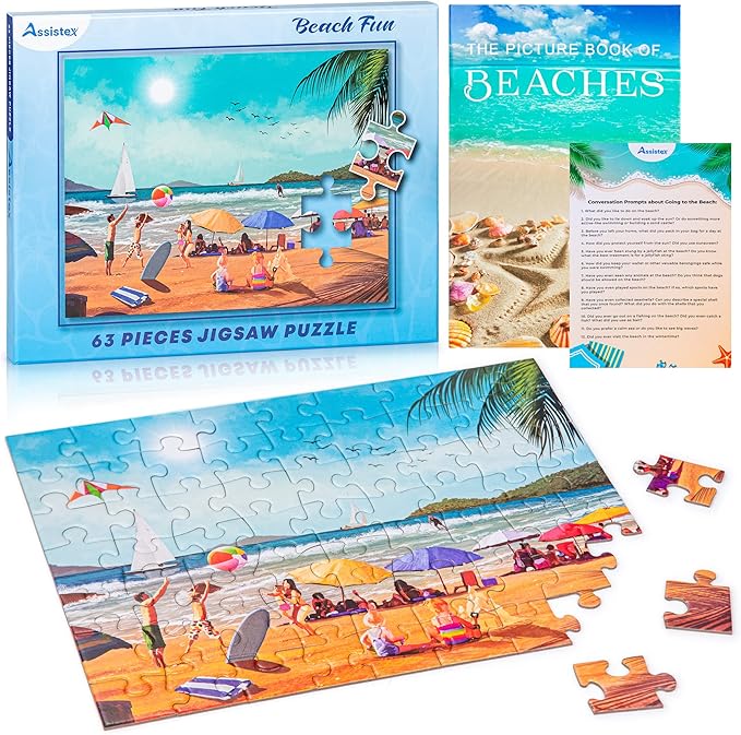 Assistex Large Piece Jigsaw Puzzle for Seniors with Dementia with Conversation Prompts, Large Piece Memory Game for Adults, Elderly, and Dementia Patients – Beach Puzzle, 63 pcs