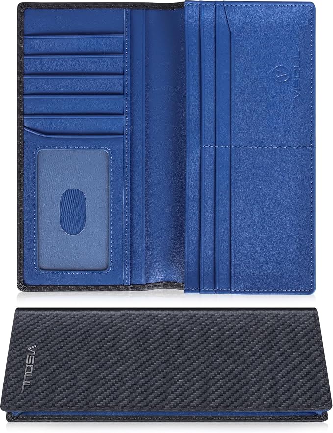 VISOUL Leather Checkbook Cover Wallet for Men with RFID Blocking, Mens Long Bifold Cash Tall Wallet with 11 Credit Card Slots 1 ID Window (Black+Blue)