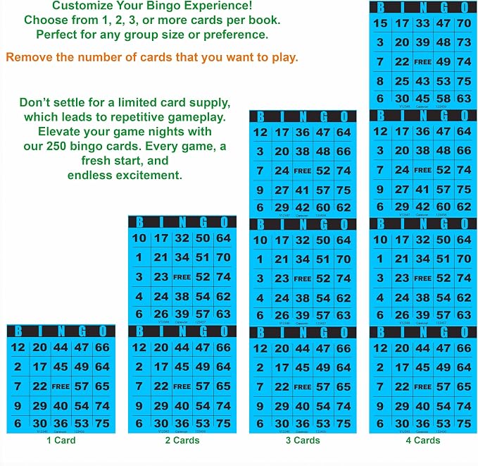 250 Bingo Cards, Large 4.5 x 4.5 Inch, Blue, Paper Bingo Sheets | 8 Color Options, Premium Cardstock, Disposable with Daubers or Reusable with Chips — Proudly Made in USA