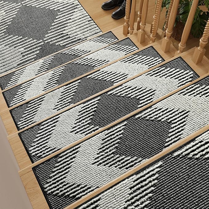 PADOOR 1PC Stair-Treads Non Slip, 3D Peel and Stick Stair Treads for Wooden Steps Indoor, Stair-Carpet Treads Washable Reusable Adhesive Stair-Runner Rugs for Kids and Dogs 8"x30" Black