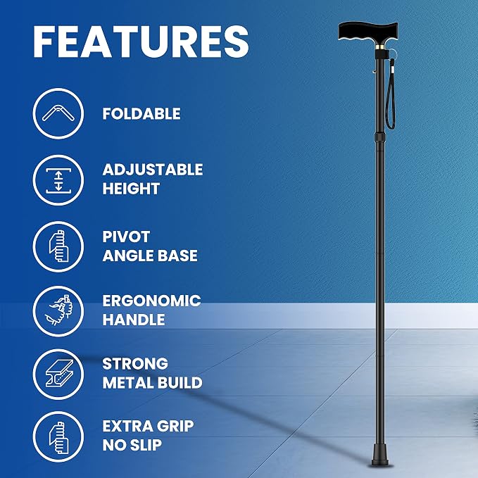 Walking Cane for Men & Women – Foldable, Adjustable, Self-Standing Cane with 360° Pivot Base, Comfortable Grip, Heavy Duty Canes for Women, Collapsible Walking Stick with Travel Bag for Seniors Adults