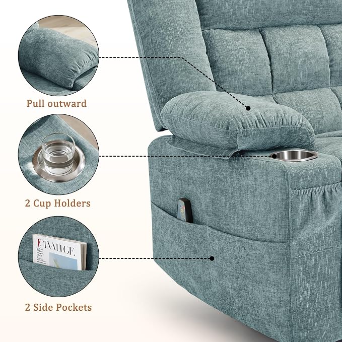 Korser Recliner Chair, Wall Hugger Recliners for RV with Massage and Heating, Zero-Gravity Recliner, Electric Power Recliner Chair for Living Room, Bedroom, Home, Theater Seating (Lakeblue)