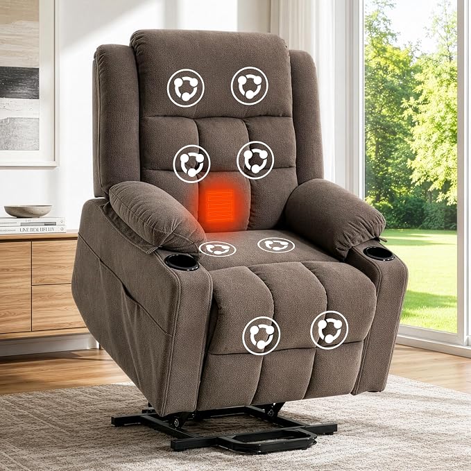 Power Lift Recliner Chair for Elderly Adults with Massage and Heat, Fabric Electric Recliner Sofa with Side Pocket, Two Cup Holders for Living Room L9912 (Brown)