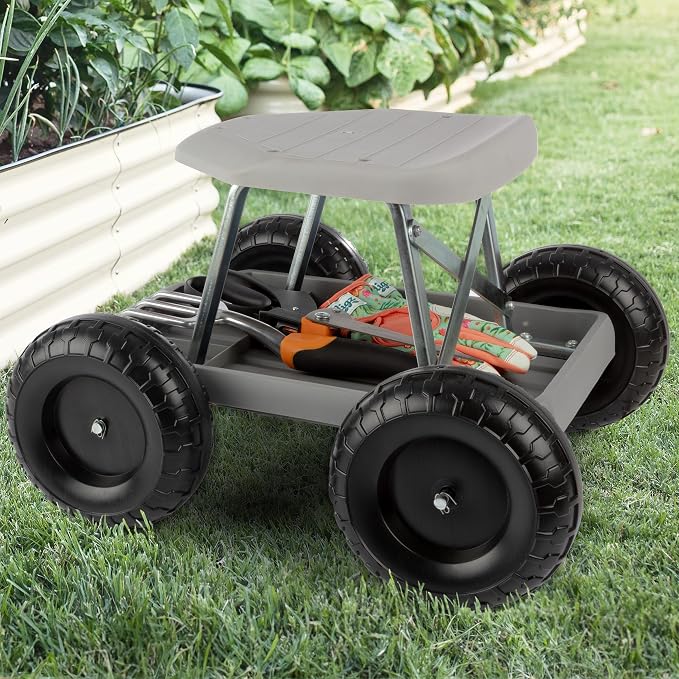 Gardening Stool - Rolling Garden Seat with Wheels and Storage Tool Tray - Garden Cart Scooter - Yard Tools by Pure Garden (Gray)