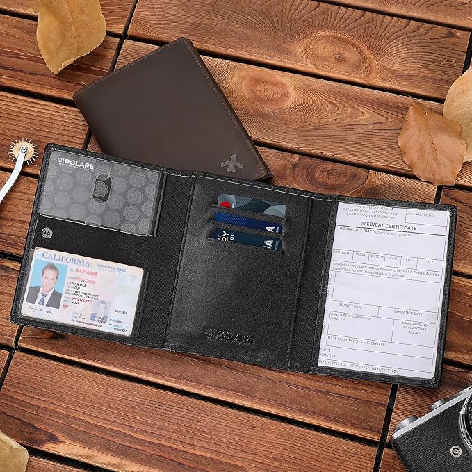 Polare Napa Leather Pilot Wallet Passport Holder RFID Blocking Tri-fold Travel Cover Document Organizer for Aviation Professionals (Black with AirTag Slot)
