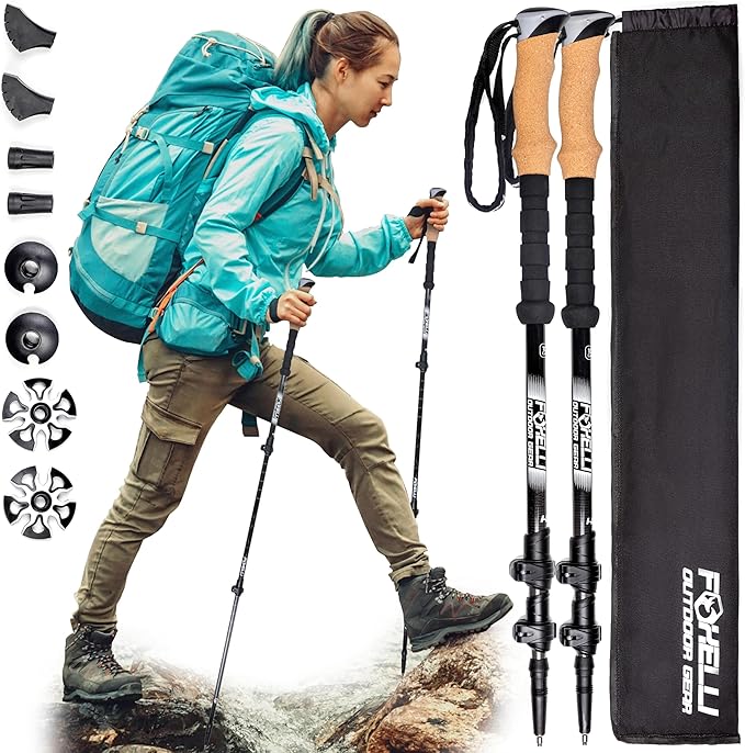 Foxelli Carbon Fiber Trekking Poles – Lightweight Collapsible Hiking Poles with Cork Grips, Quick Flip Locks & All-Terrain Accessories – Adjustable Height Hiking Sticks for Men & Women