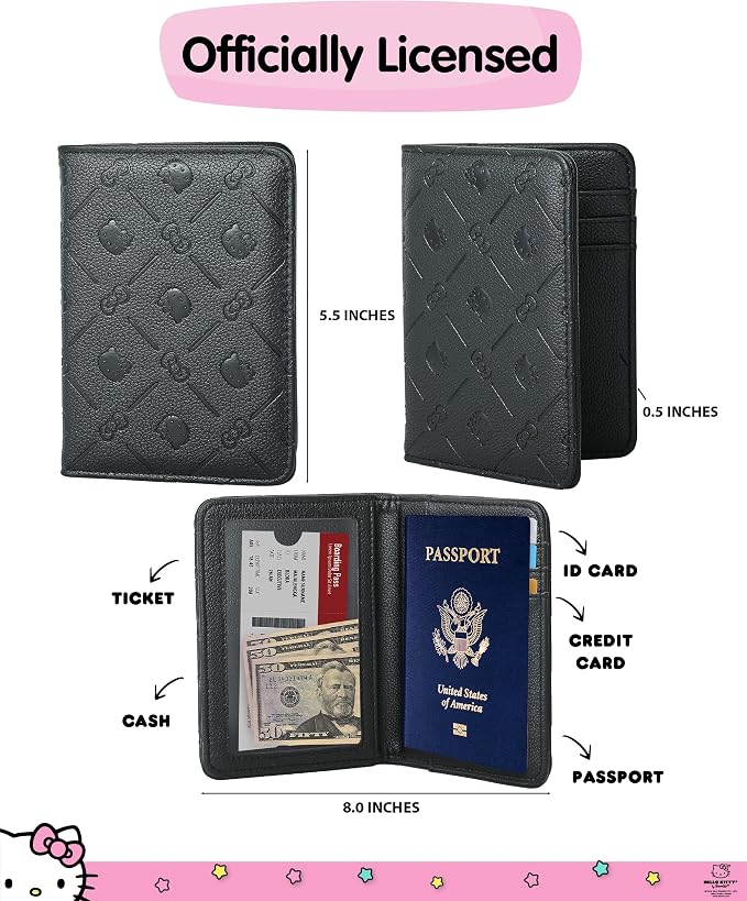 Hello Kitty Passport Holder for Travel Official License, Black Passport | Cover for Women, Sanrio Gifts