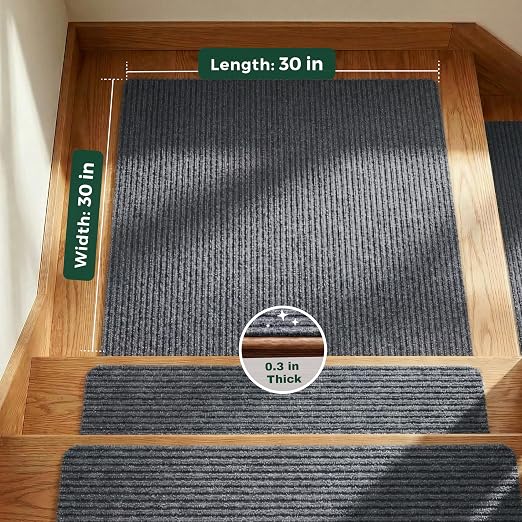 MBIGM Carpet Stair Landing Mat, 1 Pack, 2'6" x 2'6", Grey | Polyester carpet surface with PP mesh, nonwoven cushioning, and TPR adhesive backing for indoor stair coverage.