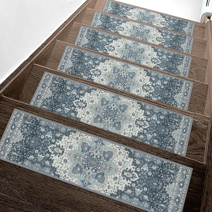 sarben 8"x30" Non Slip Stair Treads for Wooden Steps 15 Pack, Navy | Peel and Stick Carpet Stair Runner with TPE Adhesive Backing, Carpet for Added Safety, Pet and Senior Friendly