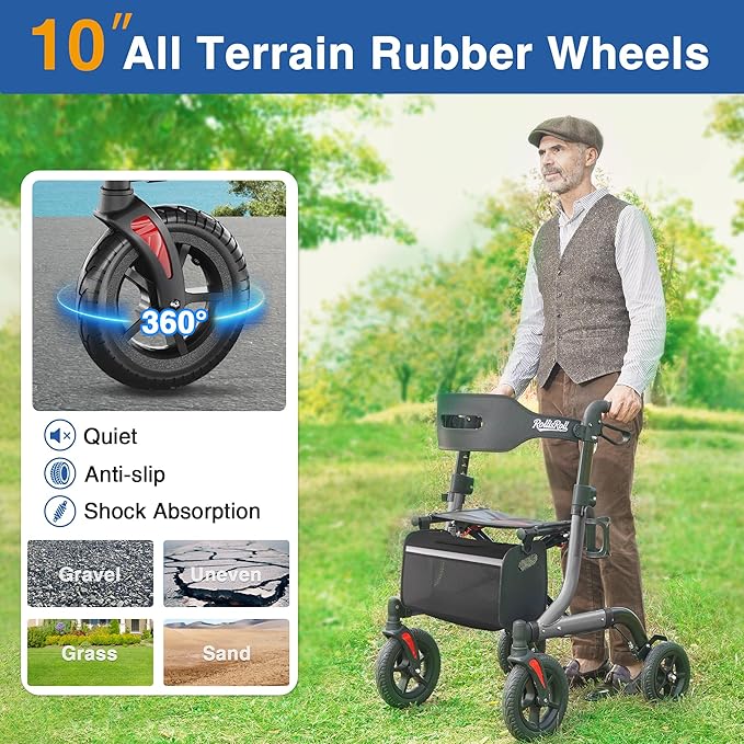 Walkers for Seniors with Seat, Foldable Rollator Walker, Reinforced Aluminum Frame, 10" Big Rubber Wheels for All Terrain, Built-in Cable, Lightweight Rolling Walker, Gray