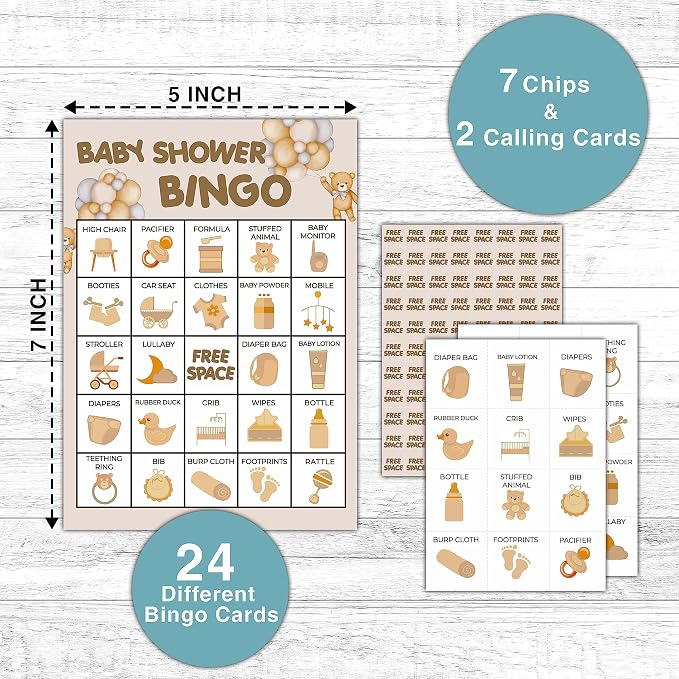 Bear Balloon Baby Shower Bingo Game - We Can Bearly Wait Shower Card - 24 Players Set for Indoor Outdoor Activities - Gender Reveal Party Favors Supplies -A03