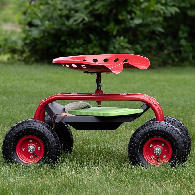 Sunnydaze Rolling Garden Cart with Swivel Seat and Storage, Red | Steel Rolling Gardening Seat with Utility Tray, and Basket for Storage, Rotating, Swiveling Motion