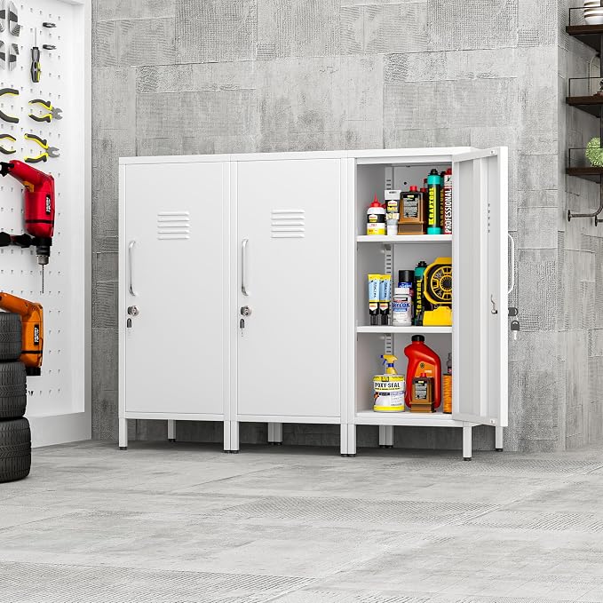 pozdeg 35.43" Metal Storage Locker with Lockable, Metal Steel Locker for Employees with 1 Door ＆ 2 Adjustable Shelves, Small Locker Storage Cabinets for Home, School, Office, Gym (White)
