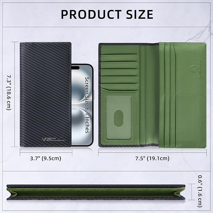 VISOUL Mens Checkbook Leather Wallets Long Bifold Wallets for Men Suit Wallet with 3 Cash Compartments 12 Credit Card Slots (Black+Olive Green)