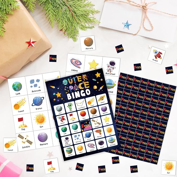 Outer Space Party Bingo Card, Solar System Birthday Bingo Game for Adults Family Friends, Astronomy Games Set for Birthday Party, Holiday Games for 24 Players -04