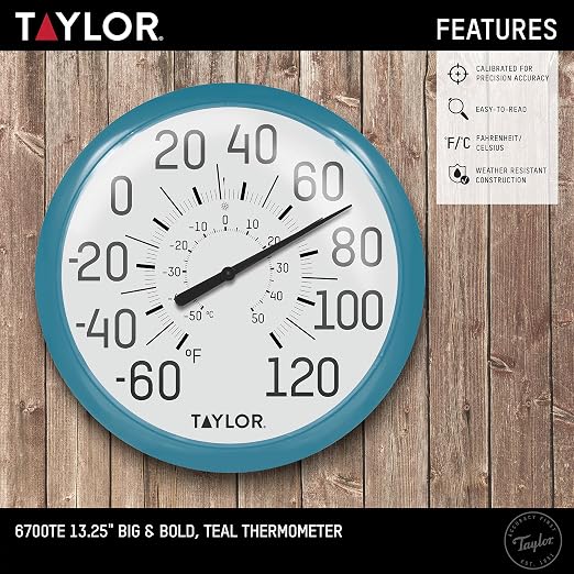Taylor Big and Bold Wall Indoor Outdoor Thermometer, Easy to Read Numbers for Patio, Pool, and Indoor Areas 13.25 inch, Teal