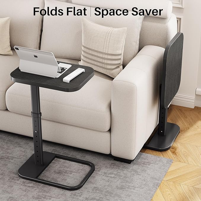 Kitstorack TV Tray Table, Adjustable Height & Rounded Metal Corners, Snack Table for Couch, Sofa, Bed, Chair, Living Room, C Shaped End Side Table for Eating, Dinner or Laptop, Small Spaces, Black