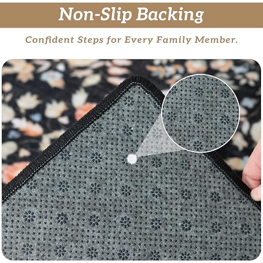 RORA Stair Treads Landing Mat, 30x30 Stair Landing Rug for Indoor | Non-Slip, Washable, For Wooden Steps, Floral Design, Stair Rugs Mat for Pets, Black