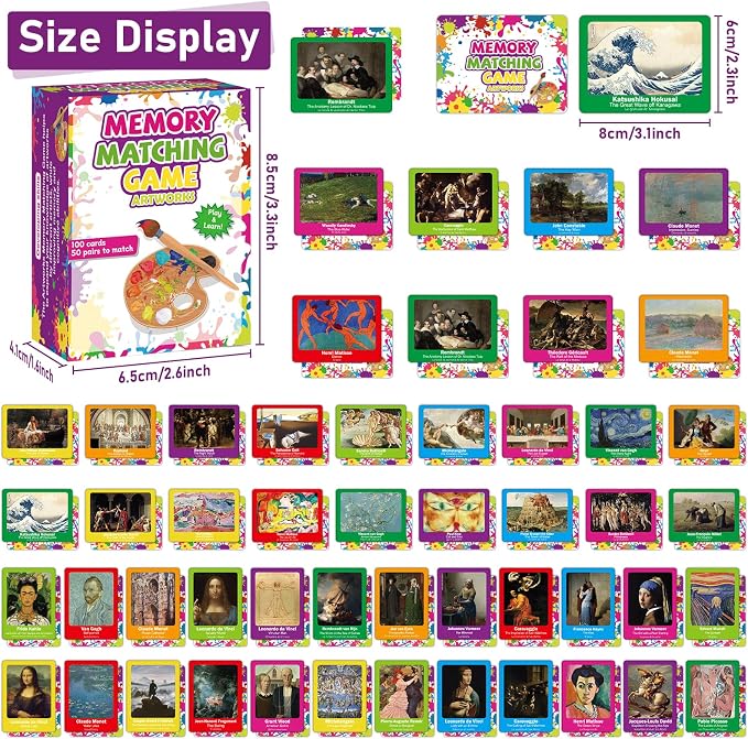 gisgfim 100 PCS Memory Matching Game Famous Paintings Concentration Memory Card for Adults Learning Educational Game A Fun & Fast Artworks Theme Matching Games