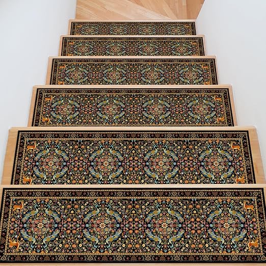 Vintage Floral Stair Treads 15 Pack Washable Flower Stair Runner | 15PCS Flower Peacocks Stair Runners Non Slip Washable, 8x30 Inch Vintage Floral Rug Carpet, Stairs Silicone Backing