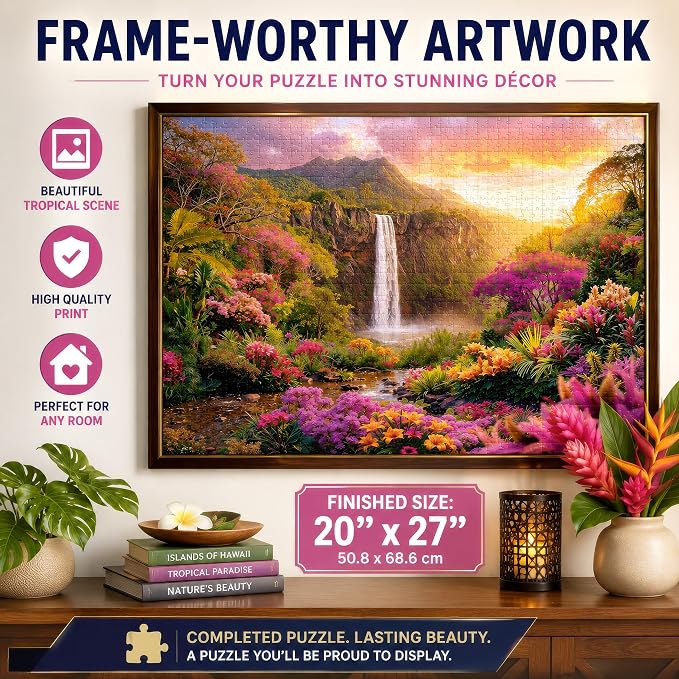 Adult Jigsaw Puzzle Hawaiian Waterfall 1000 Piece | Features a colorful tropical flowers and waterfall sunset scene. Great for game nights on a table, puzzleboard, or floor.