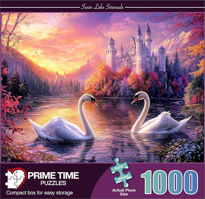 Adult Jigsaw Puzzle Swans Castle Lake 1000 Piece | Features swans swimming at sunset on a castle lake. 20x27 inches. Great for game nights on a table, puzzleboard, or floor.