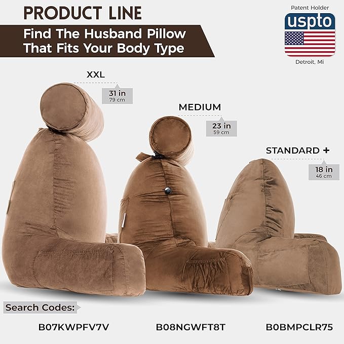 Husband Pillow Aspen Saddle Brown, Reading Pillow Bed Rest Chair, Two-Sided Reversible Fabric, Large Lounge Cushion Adult Backrest with Arms, Comfy Back Support for Sit Sitting Up, Wash/Remove Cover