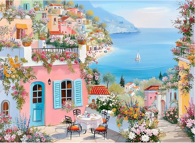 500 Piece Jigsaw Puzzle for Adults, Colorful Mediterranean Coastal Village | Ocean views, blooming terraces, sailboat, oil-painted charm; ideal for family game night, wall decor and thoughtful gifts.
