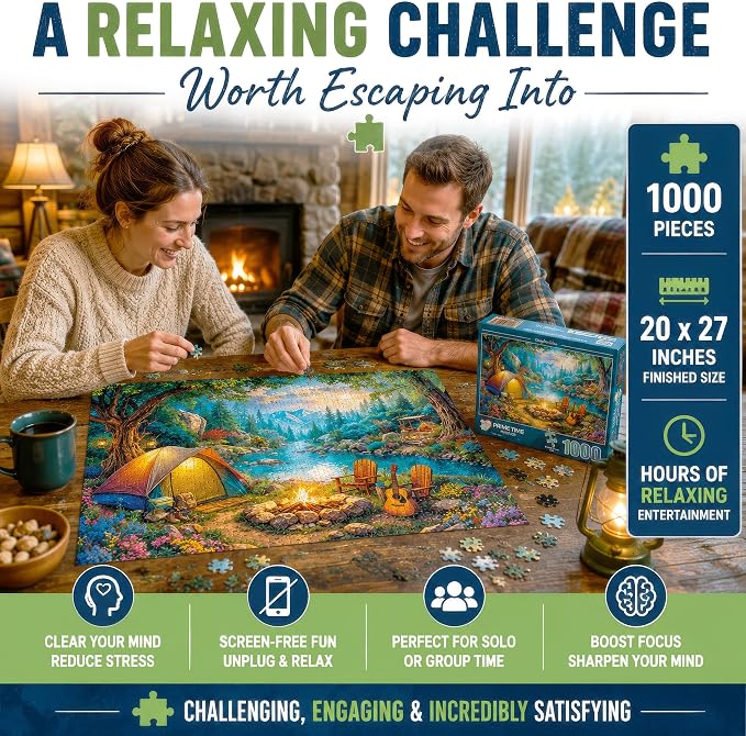 Adult Jigsaw Puzzle 1000 Piece Camping Scene | Features a scenic tent camping by the river design. 20x27 inches — Great for game nights on a table, puzzleboard, or floor.