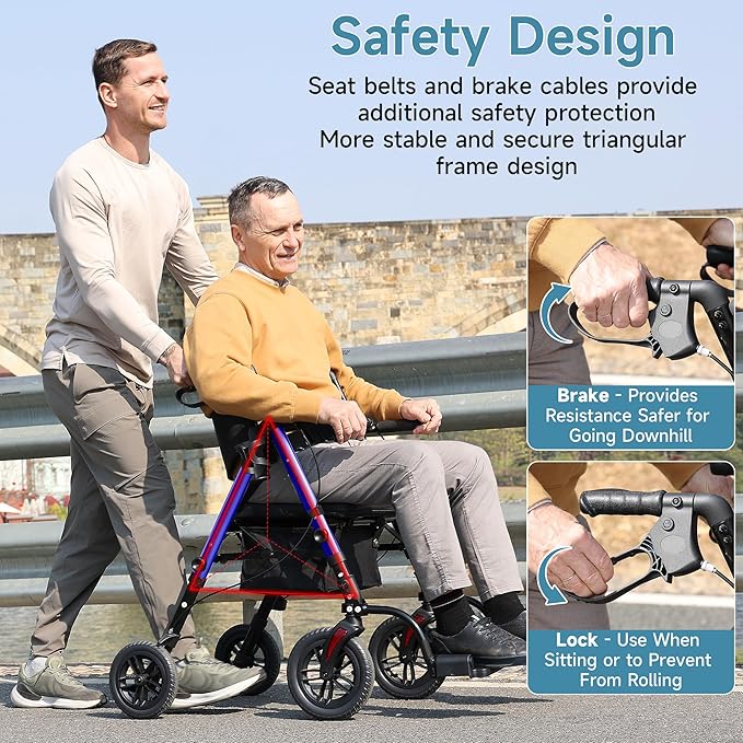 Walkers for Seniors, 2 in 1 Rollator Wheelchairs Combo 10" Big Wheels Walker with Seat, Rollator Transport Chair with Brakes Folding Rolling Walker for Adults, Blue
