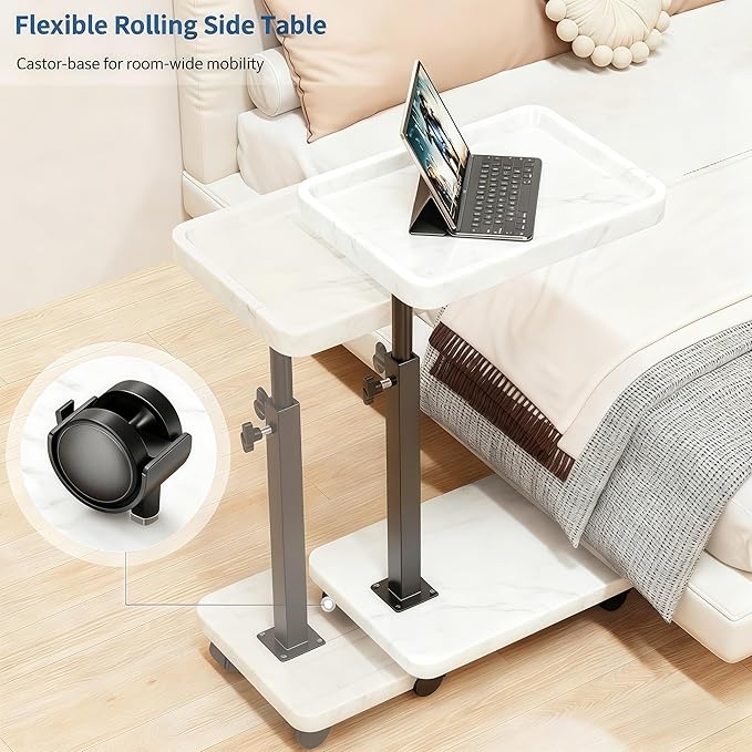 C Table End Table Adjustable Height, 360°Swivel TV Tray Table for Small Spaces, Side Tables with Wheels for Living Room and Bedroom, Bed (White)