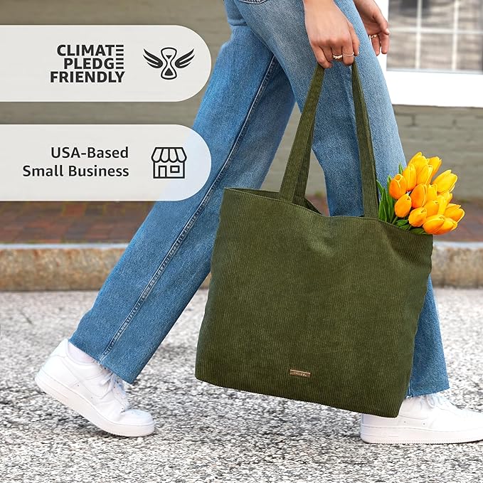 VANDEL Corduroy Tote Bag for Women and Men with Zipper and Inner Pockets. Cute School Tote Bag with Zipper, Aesthetic
