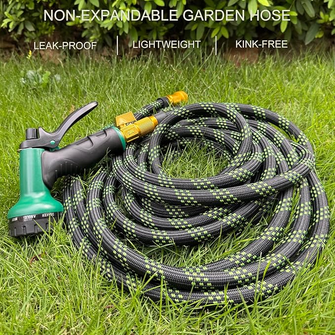 Garden Hose 50 ft, Non-Expandable Flexible Water Hose with 10 Function Spray Nozzle, Lightweight, Leak Proof, Kink-Free, Portable Hose for Outdoor, Yard, Lawn, High-Density Fabric, Black Green