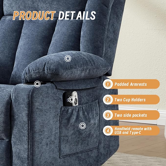 Power Lift Recliner for Elderly,Electric Recliner Chair with Massage & Heating for Adults, USB Charging, Cup Holders, Side Pocket, Living Room Sofa L1288 (Navy Blue)
