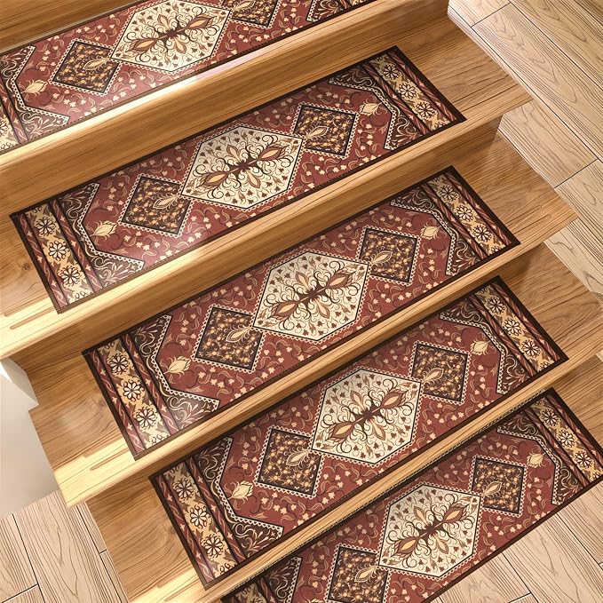 GIB Stair Treads for Wooden Steps Indoor, 15 Pack 8" X 30" Non Slip Carpet Stair Treads with Reusable Adhesive for Kids Elders and Dogs, Boho Vintage Oriental Stair Runner, Persian Tribal Orange Red