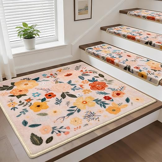 RORA Stair Treads Landing Mat 30"x30" Non-Slip Matching Mat for Wooden Steps Indoor, Bullnose Carpet Stair Floral Stair Rugs Washable Stair Carpet for Pets, Pink, 1pcs