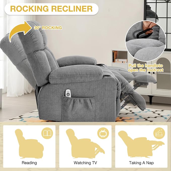 Oversized Massage Swivel Rocker Recliner Chair with Heat and Vibration Rocking Lounge Chair for Living Room Comfy Overstuffed Recliner with 4 Side Pockets,2 Cup Holders, USB Charge Port, Grey