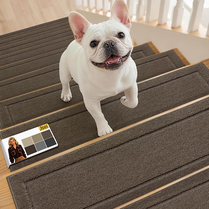 JSEI Stair Treads for Wooden Steps Indoor, 4-Pack, 30" x 8", Light Brown | Non Slip Stair Treads, Washable Polyester Stair Mats with TPE Backing, Low Profile Stair Rugs for Kids, Seniors and Dogs