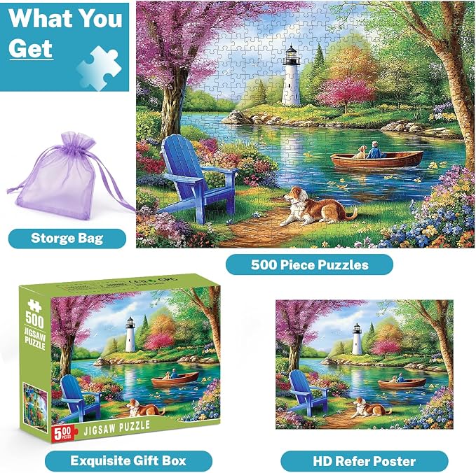 500 Piece Puzzle for Adults, Lighthouse Lake Landscape Jigsaw Puzzle with Dog, Garden Boat Scene, Puzzles for Adults 500 Pieces with Letters on Back, Cozy Nature Gift 20.5 x 15 in