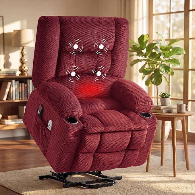 Power Lift Recliner Chair for Elderly, Electric Reclining Lift Chair with Massage and Heating, Comfy Overstuffed Recliner Single Sofa with Cup Holders,Pockets,USB Charge Port for Living Room,Burgundy
