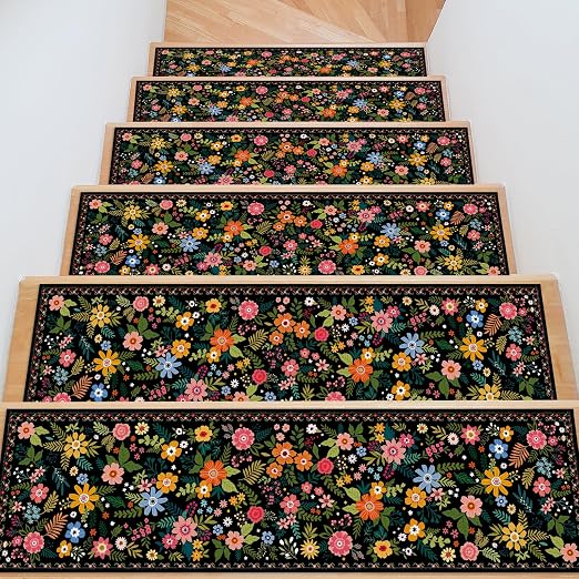 Black Floral Stair Treads 15 Pack Non Slip Stair Runner | 15PCS Black Floral Stair Runners Non Slip Indoor 8x30 Inch, Washable Carpet Rugs, Silicone Backing Kids Elders Dogs