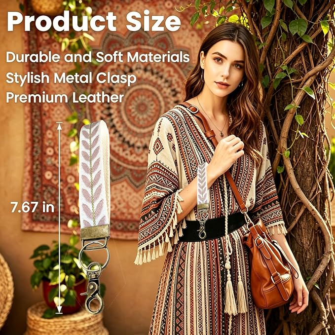 Boho Vintage Embroidered Floral plant Wristlet Keychain for Women | Cute Lanyard&Antique Brass Clasp, Lightweight Hands-Free Key Holder for keys,purses,handbags and daily outdoor use for ladies
