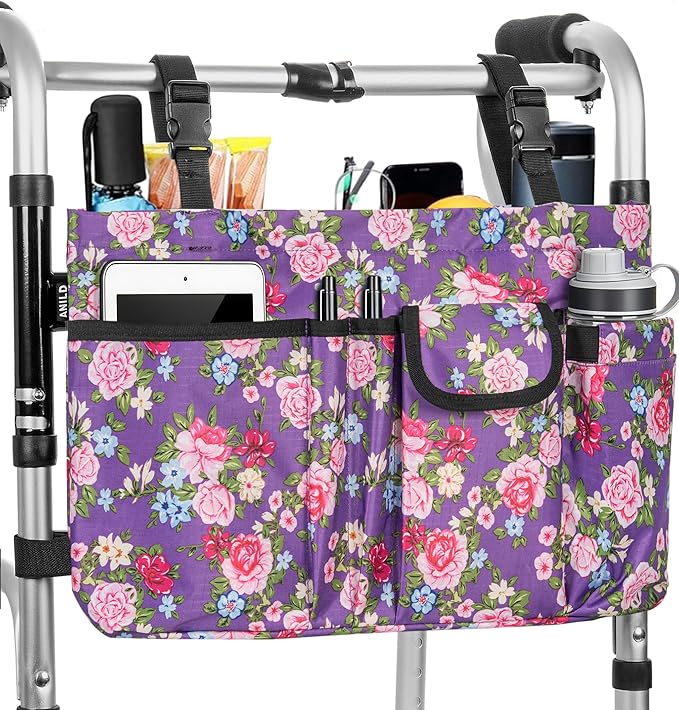 ANILD Walker Bag Basket with Cup Holder, Foldable Walker Bag for Folding Walker Accessories for Seniors Elderly, Walker Storage Bag with Large Capacity