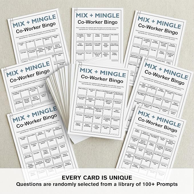 Office Bingo Cards, 25 Unique Randomized 5x7 Sheets, Get to Know You Bingo Game for Adults, Ice Breaker Office Party Games, Team Building Games for Work, High Replay Value - A02