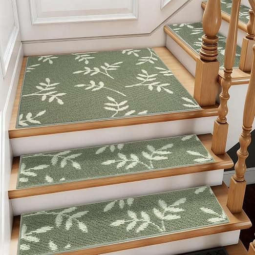 Non-Slip Landing Mat for Wooden Steps Indoor,Carpet Stair Treads | 30"x 30" Peel and Stick Soft Stair Rugs for Pets, Non Skid Wood Staircase Step Treads Reusable,Stair Protectors, Green