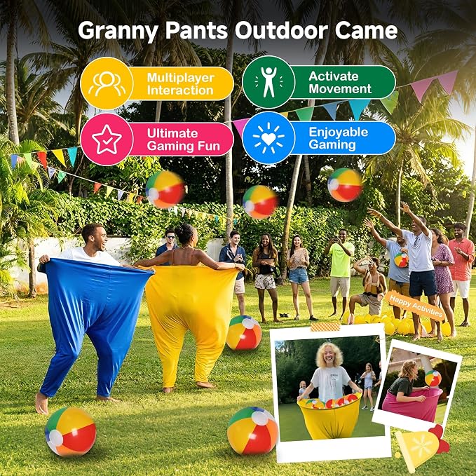 4-Color Team Granny Pants Yard Game with 16 Balls & 2 Pumps - Complete Adult Outdoor Set for 8+ Players, Backyard & Outdoor Toss Group Games for Family & Friends Gatherings